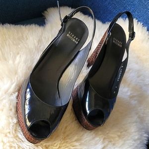 Stuart Weitzman patened leather slingback platform peeptoe. Size 9. Black.